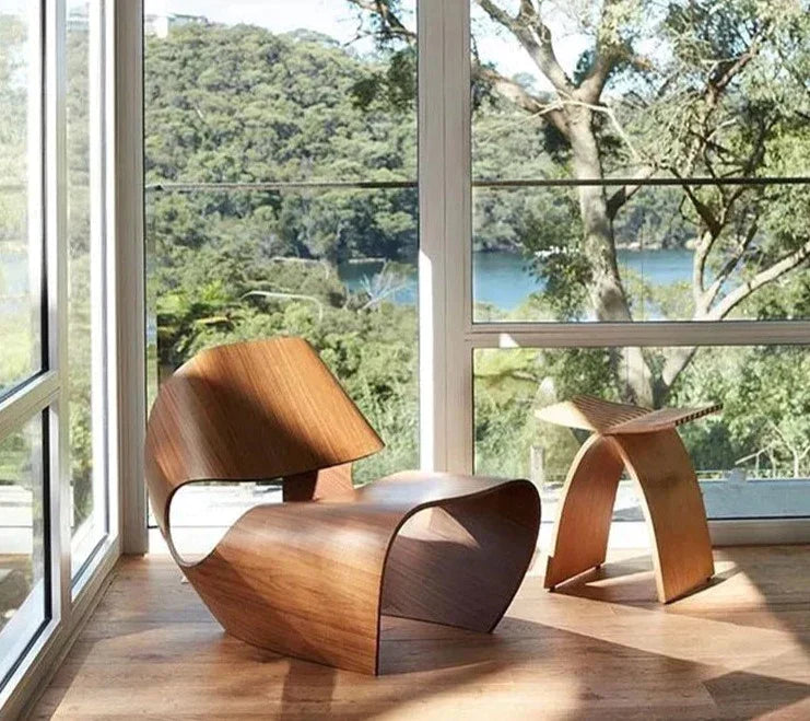 Walnut Veneered Bent Plywood Contemporary Lounge Chair - Biophilic Design Minimalist Modern Wood