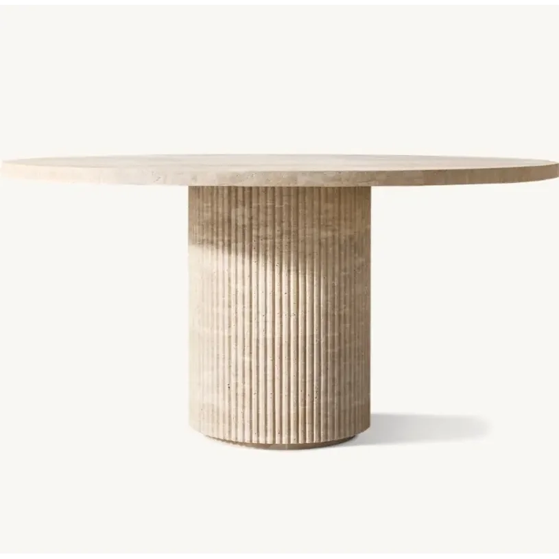 Travertine Round Dining Table – Modern Luxury with Fluted Base for Elegant Interiors