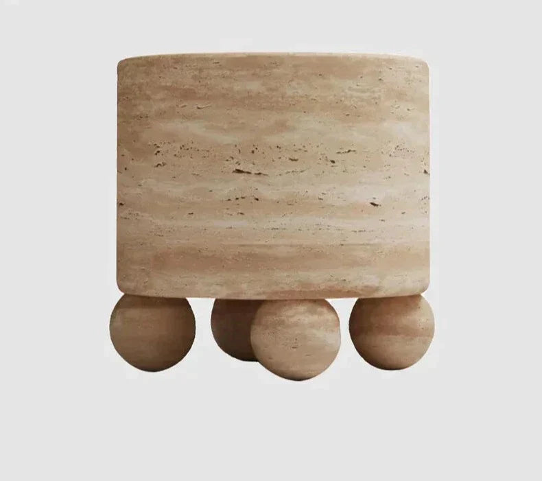 Travertine Sphere Base Side Table - Contemporary Eclectic Luxurious