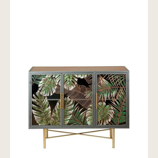 Tropical Glass-front Sideboard with Gold Accents | Luxury Interior Design