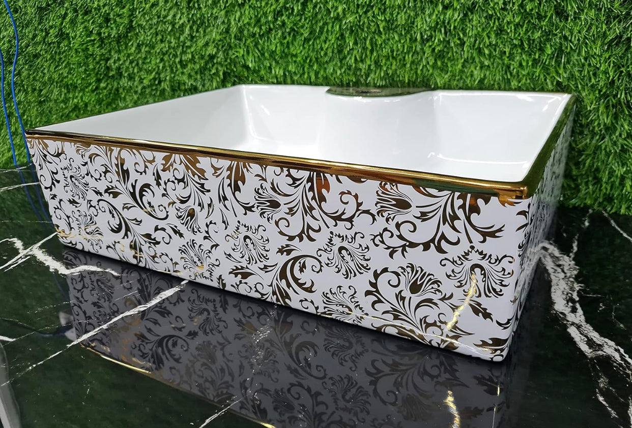 White & Gold Floral Basin - Eclectic Sink Modern Victorian