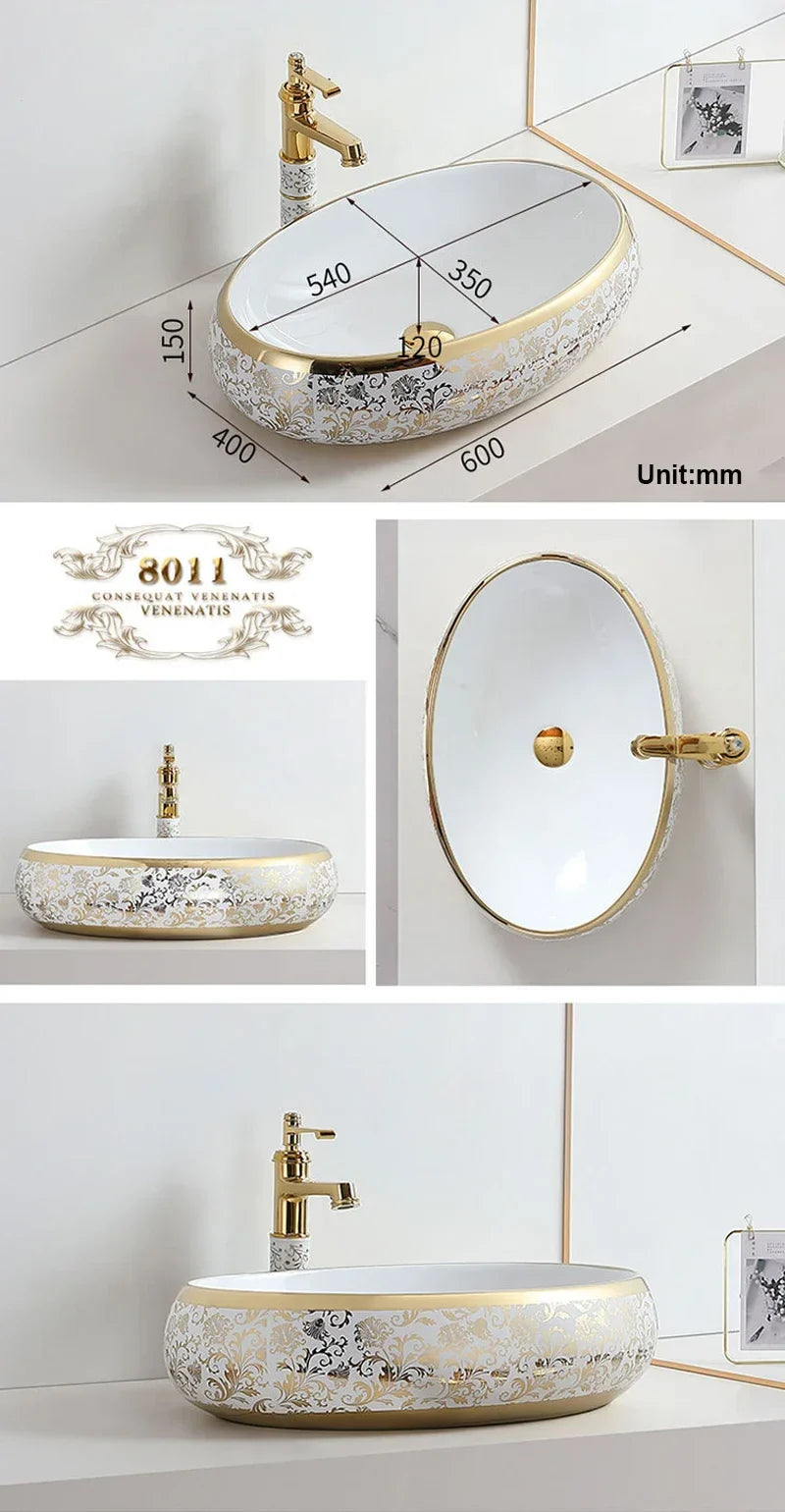 White & Gold Floral Basin - Eclectic Sink Modern Victorian