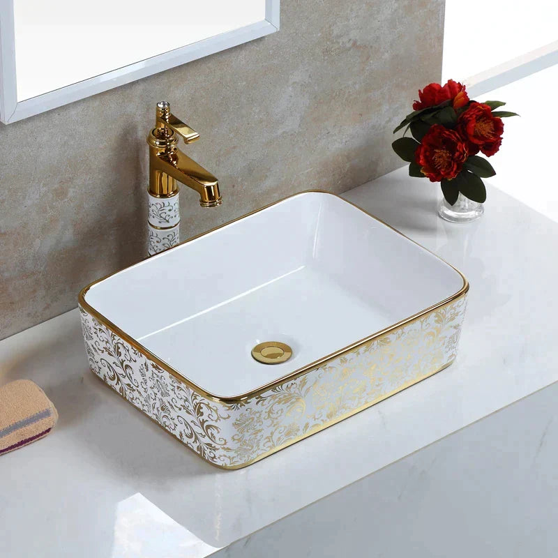 White & Gold Floral Basin - Eclectic Sink Modern Victorian