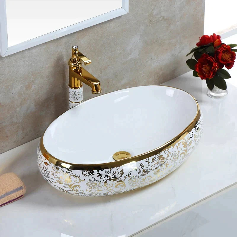 White & Gold Floral Basin - Eclectic Sink Modern Victorian