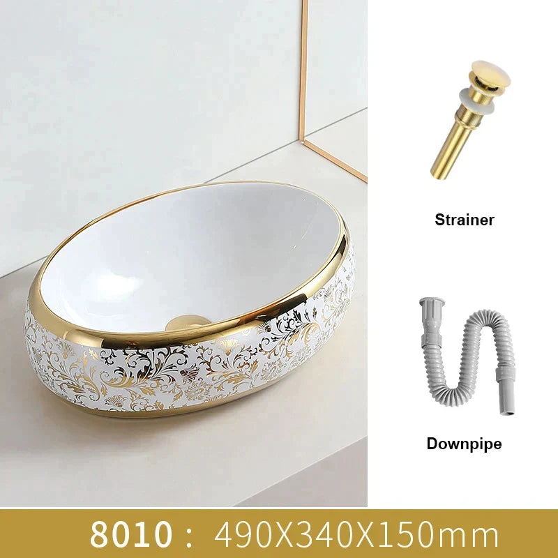 White & Gold Floral Basin - Eclectic Sink Modern Victorian