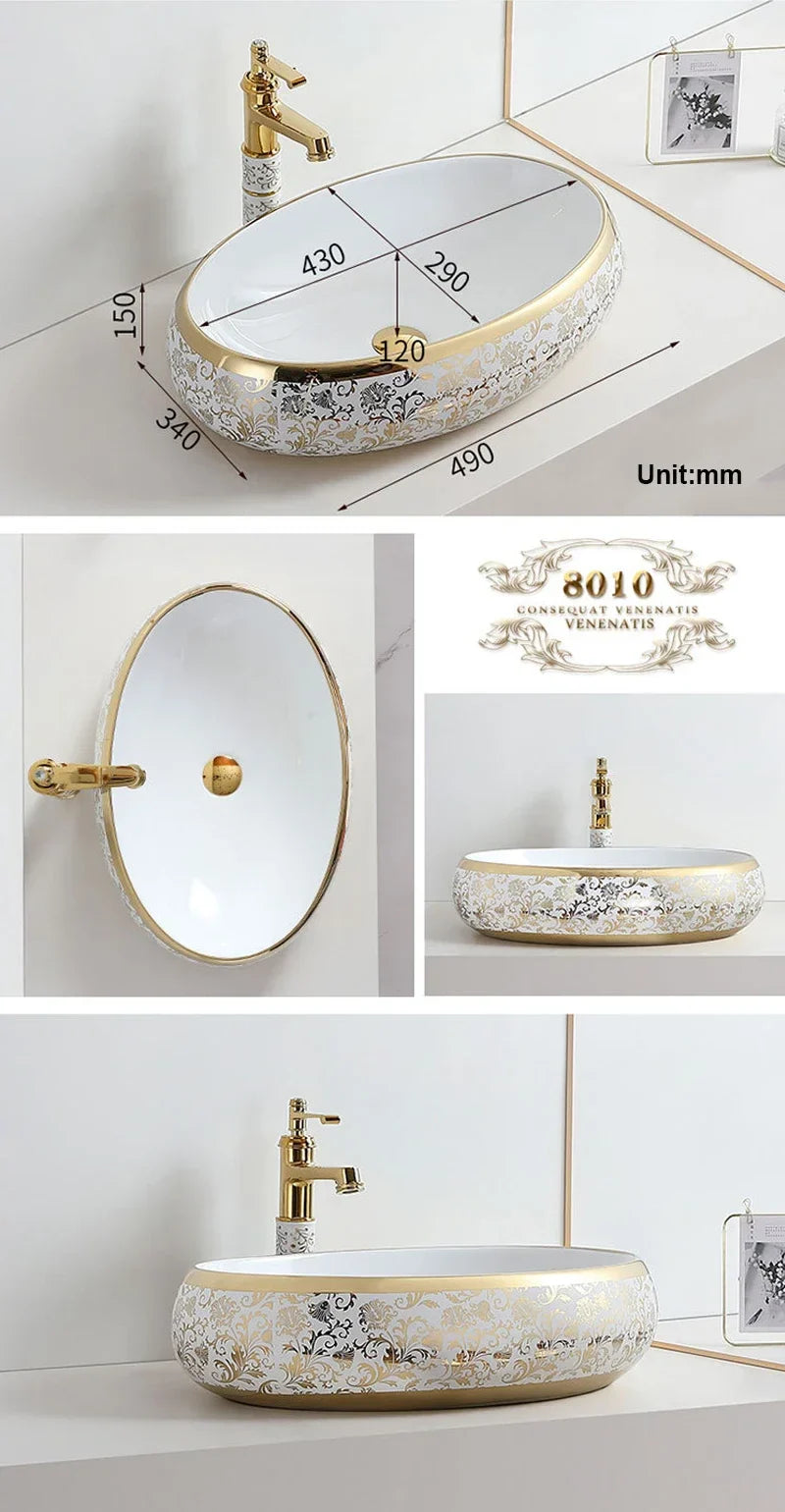 White & Gold Floral Basin - Eclectic Sink Modern Victorian