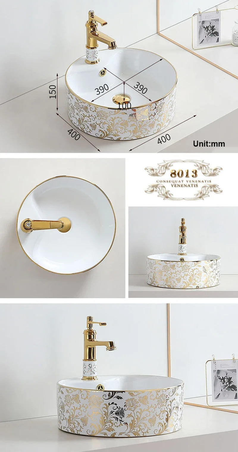 White & Gold Floral Basin - Eclectic Sink Modern Victorian